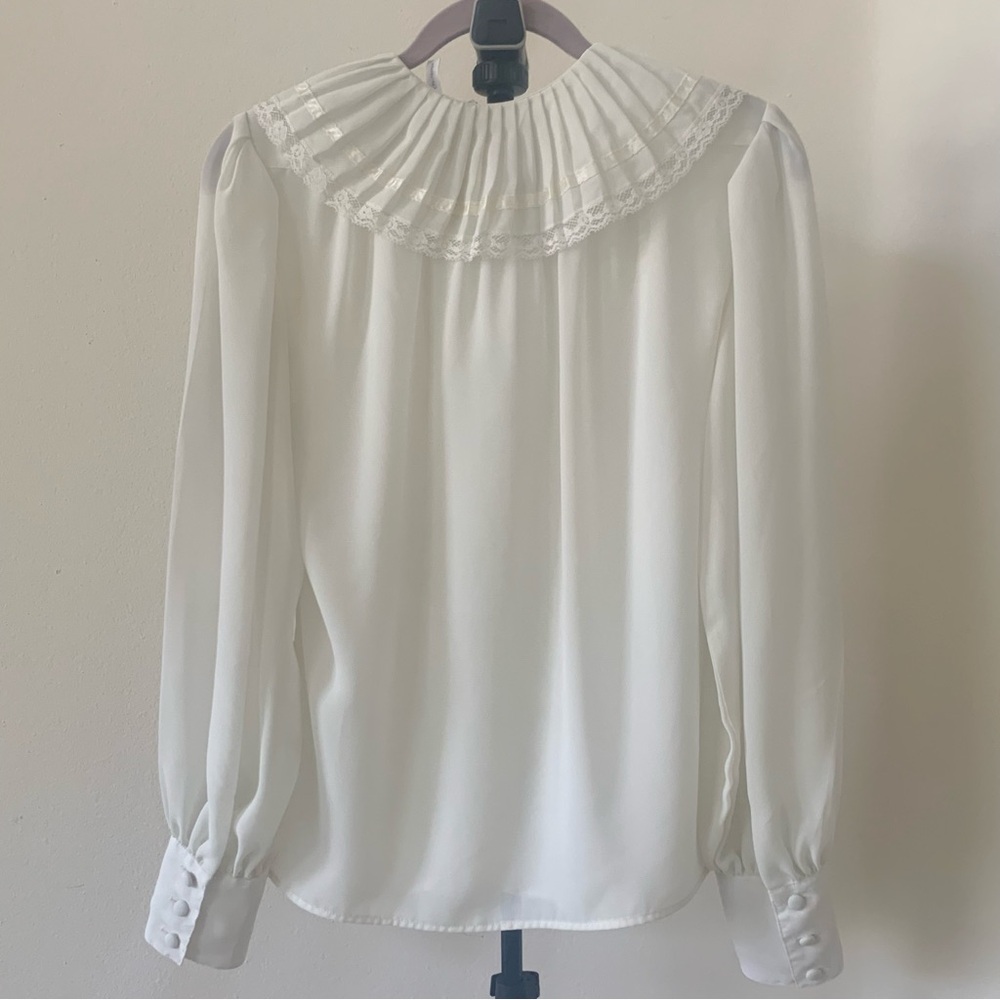 Vintage Chaus White Pleated Collar Button-Front Blouse Size 8 - Picture 4 of 7